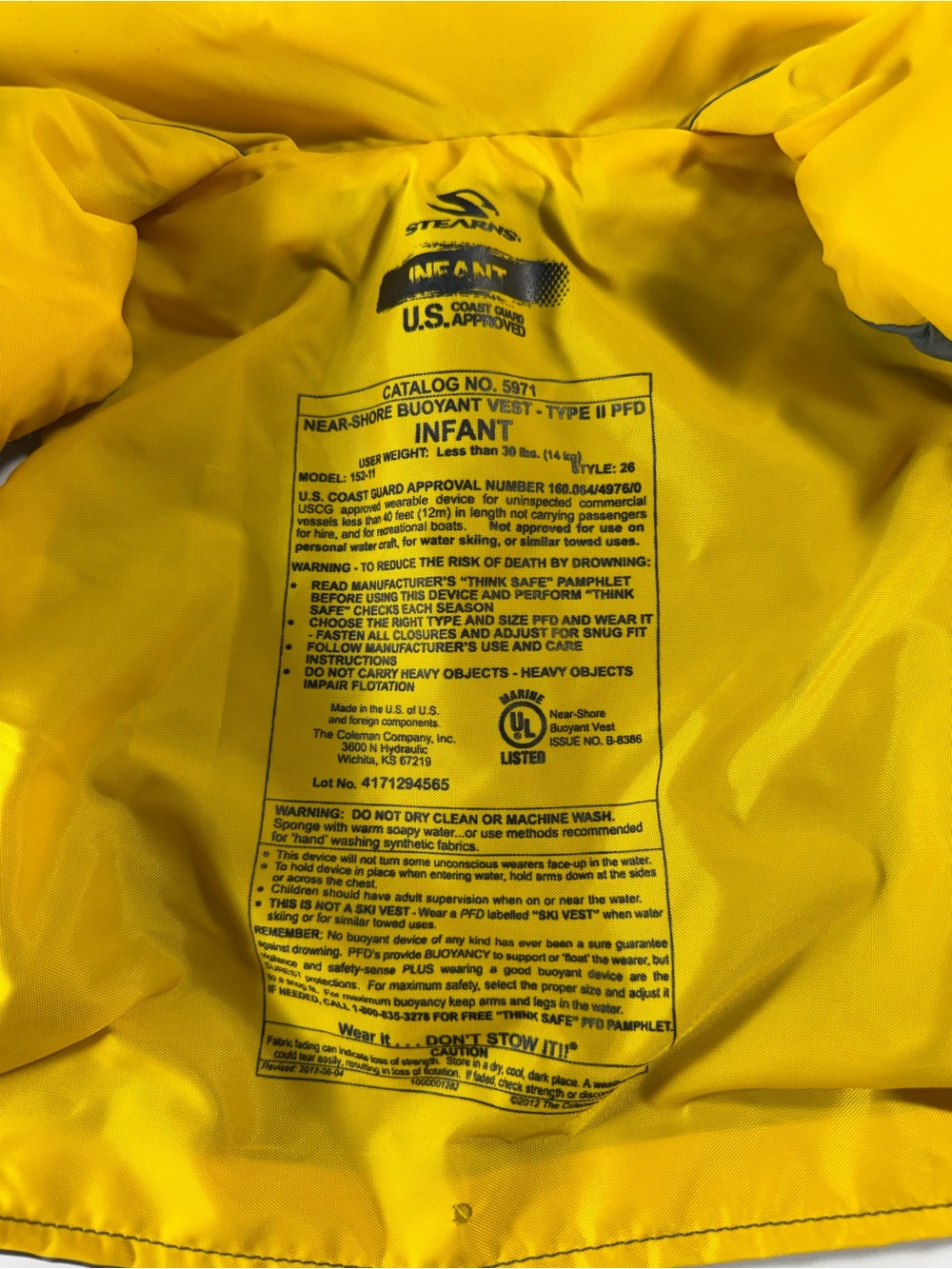 Stearns Infant Life Jacket With Head Support Float Yellow/Gray Model 152-11 - Picture 4 of 6